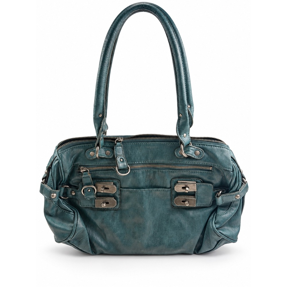 Jessica Simpson Vintage Y2K Teal Distressed Leather Moto Buckle Shoulder Bag